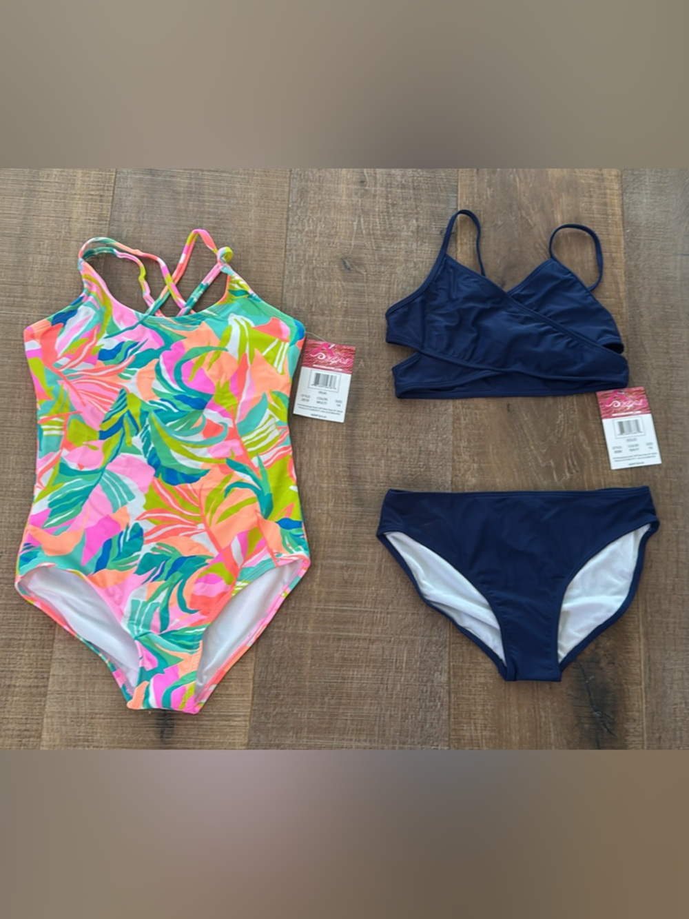 Kanu Surf Girls' Multicolor Tropical One-Piece with Navy Bikini Set